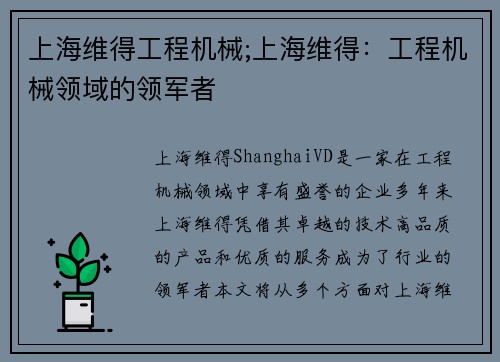 上海维得工程机械;上海维得：工程机械领域的领军者