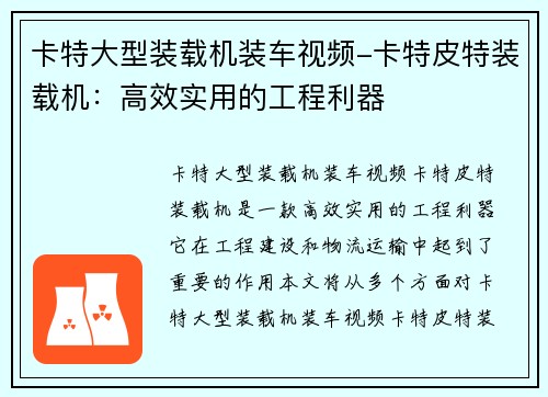 卡特大型装载机装车视频-卡特皮特装载机：高效实用的工程利器