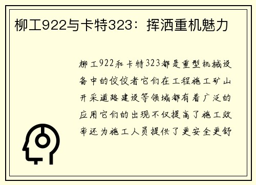 柳工922与卡特323：挥洒重机魅力